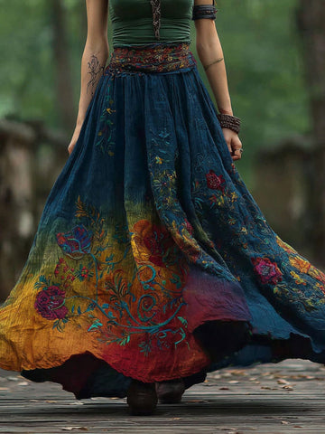 Women's Retro Boho Floral Embroidery Gradient Art Linen Blend Casual Midi Skirt