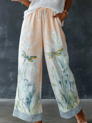 Women's Dragonfly Pattern Art Print Flowy Linen Blend Casual Pants