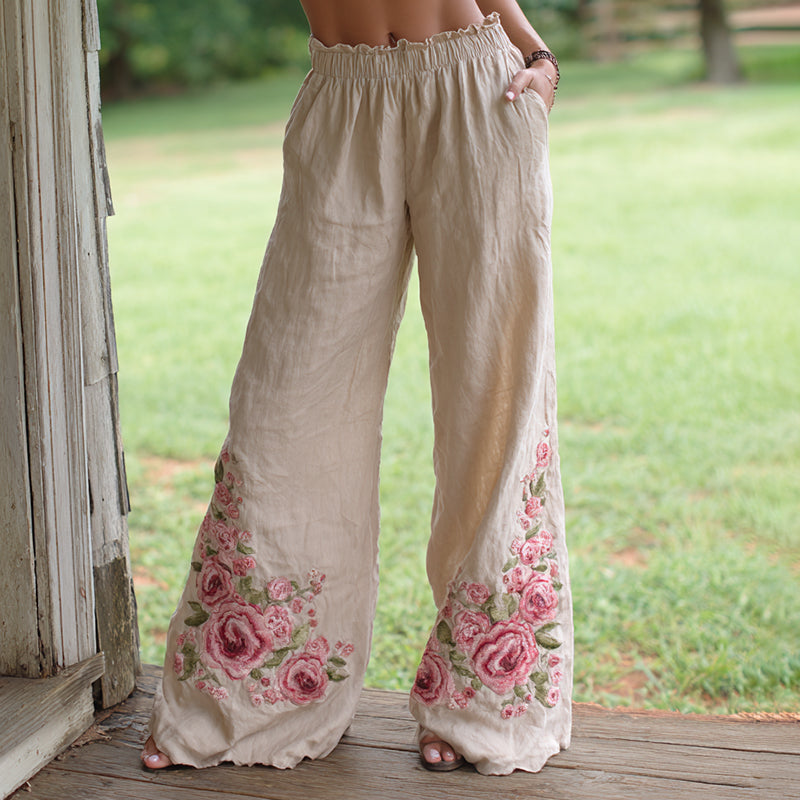 Women's Retro Bohemian Style Pink Rose Art Casual Linen Pants