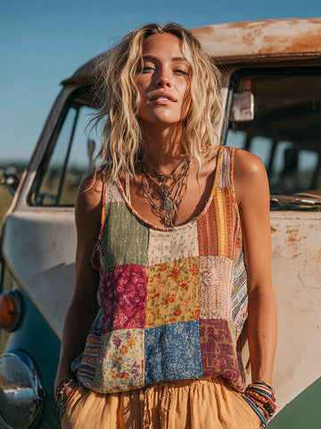 Countryside Style Collection Classy Patchwork Floral Pattern Art Linen Tank Top