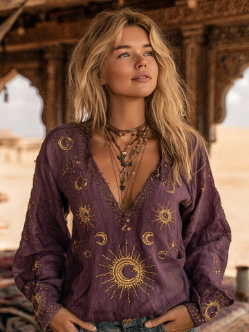 Mysterious Moon Tie-dyed V-neck Linen Embroidered Top