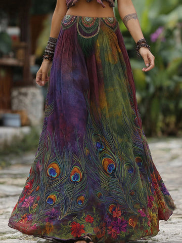 Women's Retro Elegant Peacock Feather Floral Embroidery Art Linen Blend Casual Midi Skirt