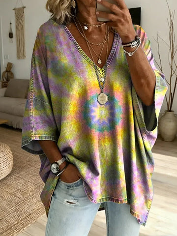 Ethnic Kaleidoscope Women's Art Print Casual  Cotton Top