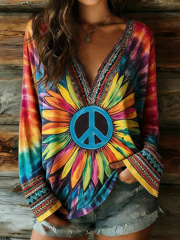 Women's Peace Tie-dye Ethnic Art Pattern Casual Long-sleeve V-neck T-shirt