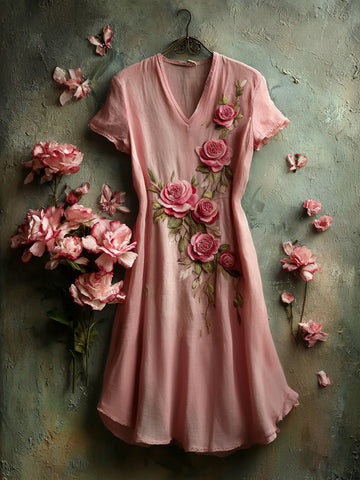 Retro Rose Printed Pattern Short Sleeve Mini Dress