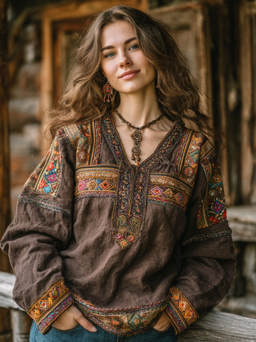 Women's Vintage Floral Embroidered Art Loose Blouses