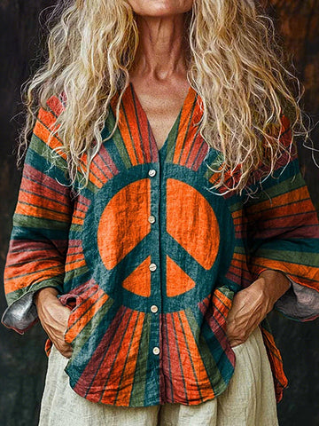 Women's Retro Hippie Peace Sign Art Printed Linen V-neck Casual Shirt