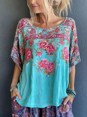 Women's Retro Floral Print Linen Blend Comfortable Crew Neck T-shirt