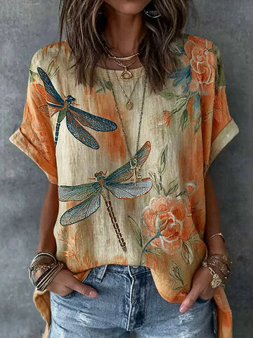 Vintage Dragonfly And  Floral Pattern Linen Blend Short Sleeve Tops