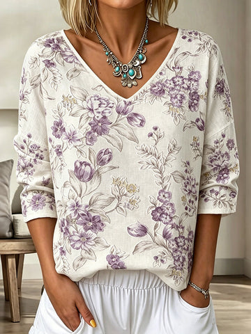 Women's Floral Art Print Flowy Linen Blend  Three-quarter Sleeve V Neck Linen Tops