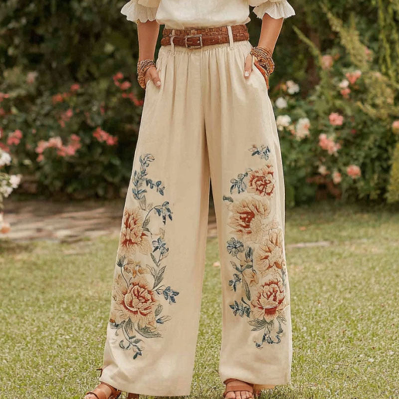 Women's Retro Bohemian Floral Patchwork Casual Linen Trousers