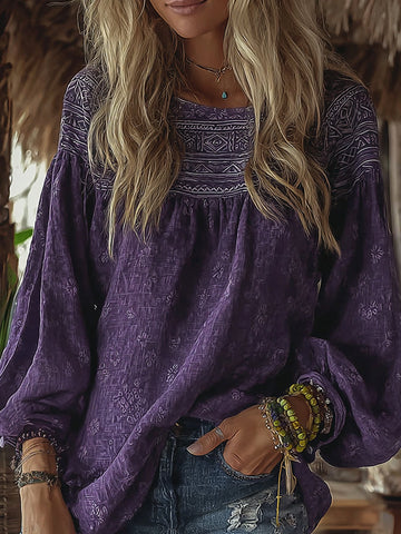 Women's Vintage Vacation Boho Tribal Ethnic Print Round-neck Linen Blend Tops