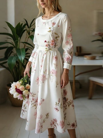 Vintage Floral Art Women's Linen Long Sleeve Midi Dress