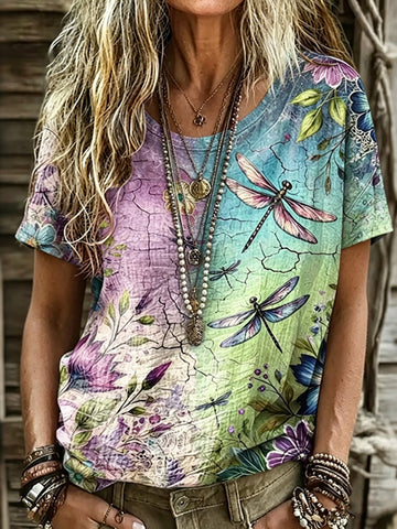 Women's Dragonfly And Floral Art Print Tshirt