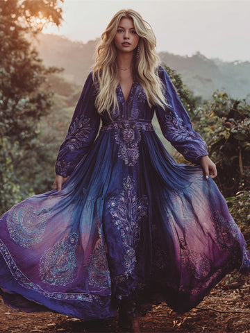 Boho Vintage Ethnic Floral Art Women's Linen V-neck Flowy Maxi Dress