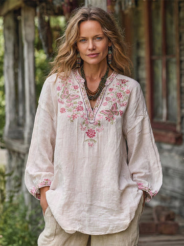 Women's Vacation Boho Floral With Butterfly Print Linen Blend Tops