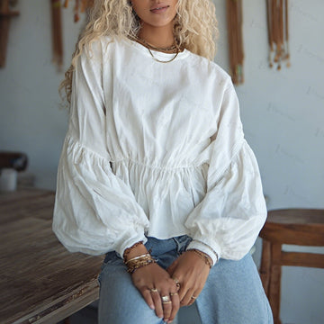 Women's Elegant, Loose, Comfortable, Breathable Linen Cotton Long-sleeved Top With Round Neck And Puff Sleeves