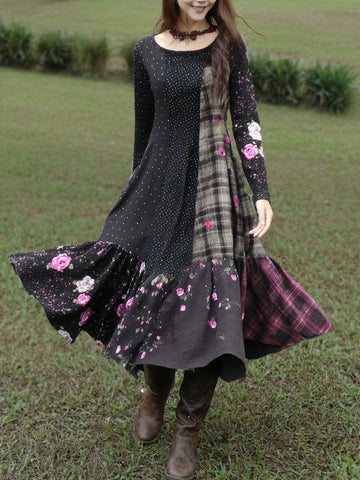 Women's Vintage Polka Dot And Rose Floral Plaid Patchwork Linen Dress