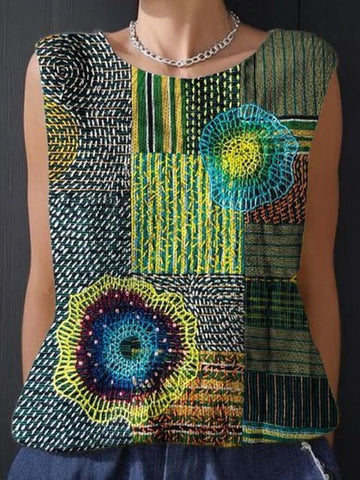 Women's Vintage Patchwork Art Print Flowy Linen Blend Casual Vest
