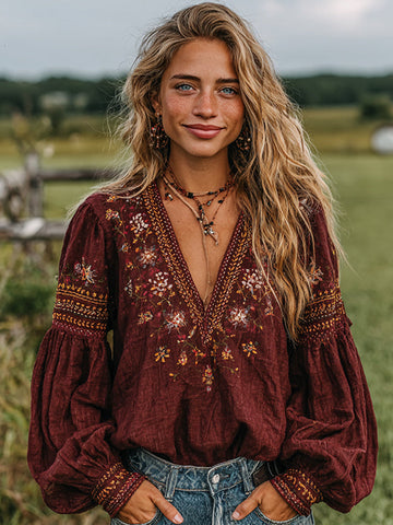 Women's Boho Floral Print Linen Tops