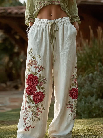 Retro Red Rose Pattern Casual Cotton And Linen Long Pants
