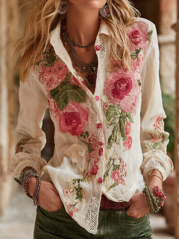 Women's Rose Art Flowy Linen Blend Casual Shirt