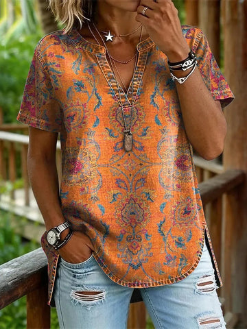 Women's Retro Ethnic Floral Print V-neck Short Sleeve Blouses