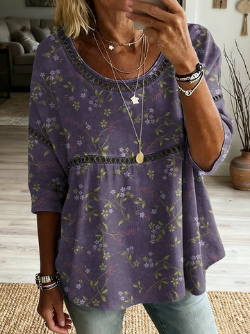 Women's Vintage Floral Art Print Flowy Linen Blend Casual Tops