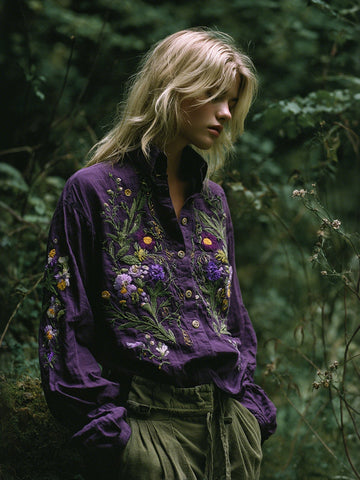 Women's Vintage Floral Art Linen Blend Shirts