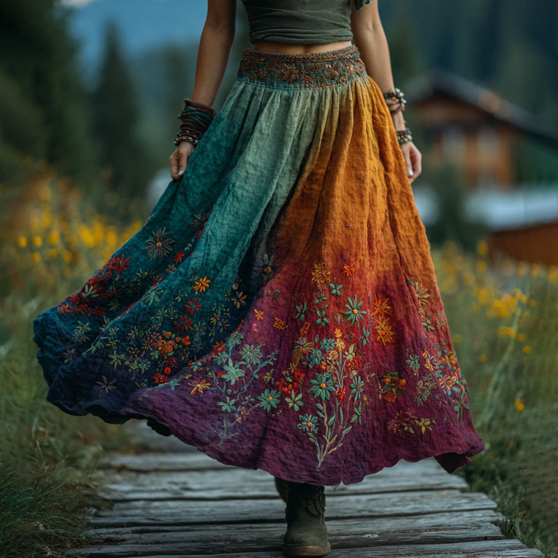 Women's Retro Floral Embroidery Gradient Art Linen Blend Casual Midi Skirt