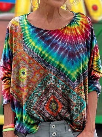 Women's Tie-dye Ethnic Art Pattern Print Casual Long-sleeve Crew Neck T-shirt