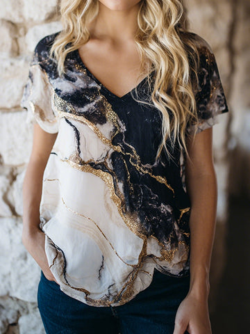 Women's Marble Art Print Flowy Linen Blend V Neck Linen Tops